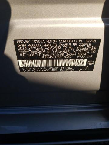 2008 Lexus Es 350 VIN: JTHBJ46G182218089 Lot: 40798444