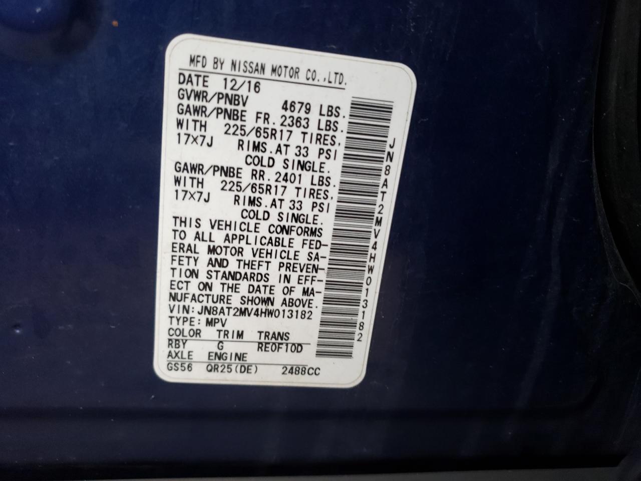 JN8AT2MV4HW013182 NISSAN ROGUE 2017