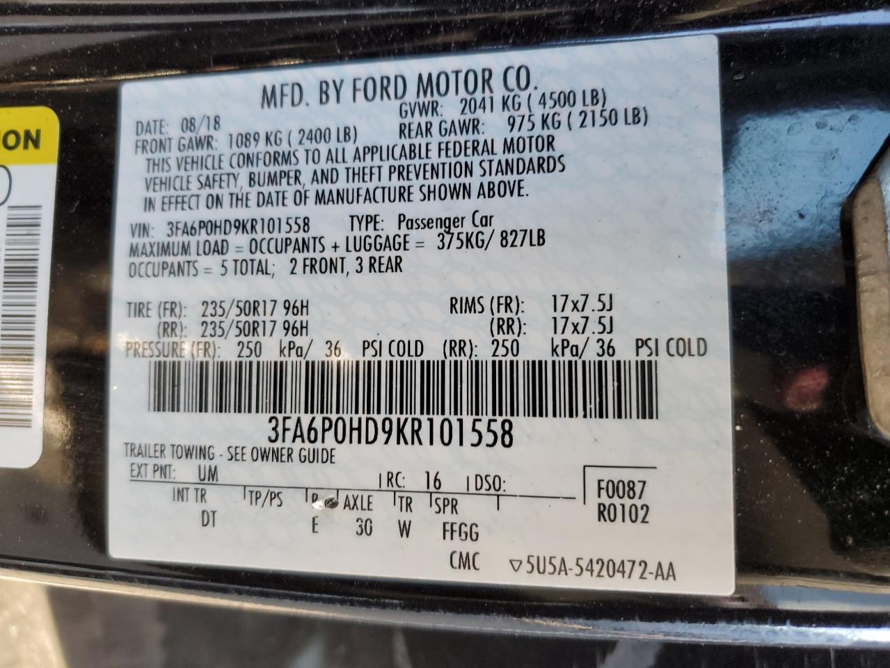 3FA6P0HD9KR101558 FORD FUSION 2019