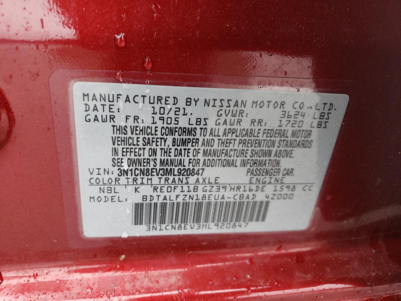 3N1CN8EV3ML920847 NISSAN VERSA 2021