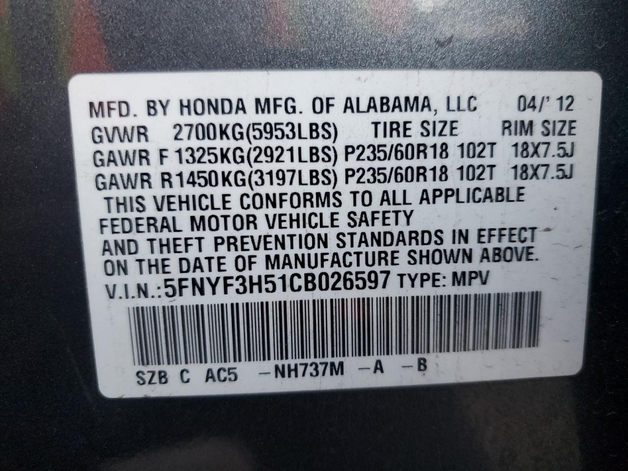 5FNYF3H51CB026597 2012 Honda Pilot Exl