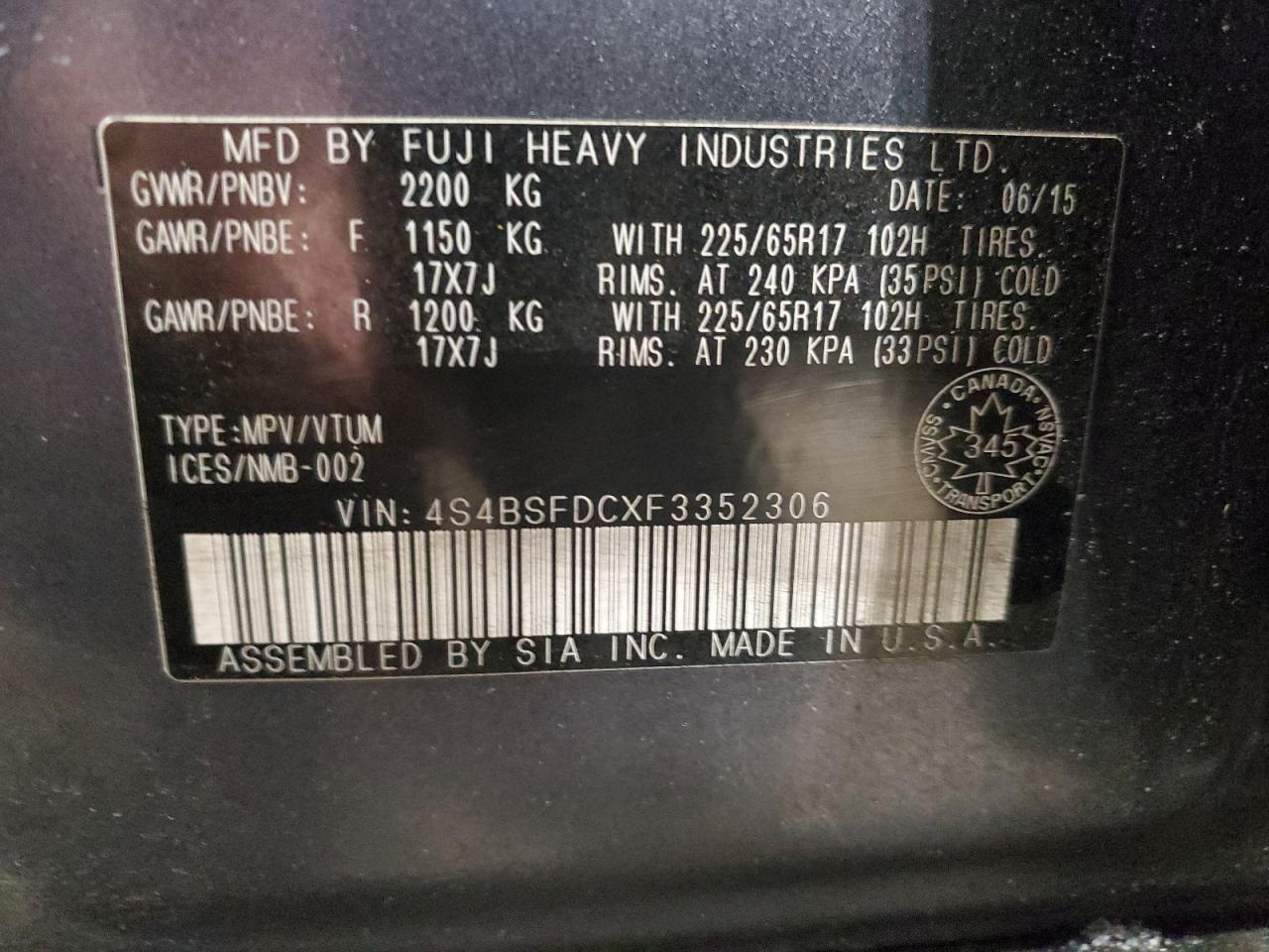 4S4BSFDCXF3352306 2015 Subaru Outback 3.6R Premium