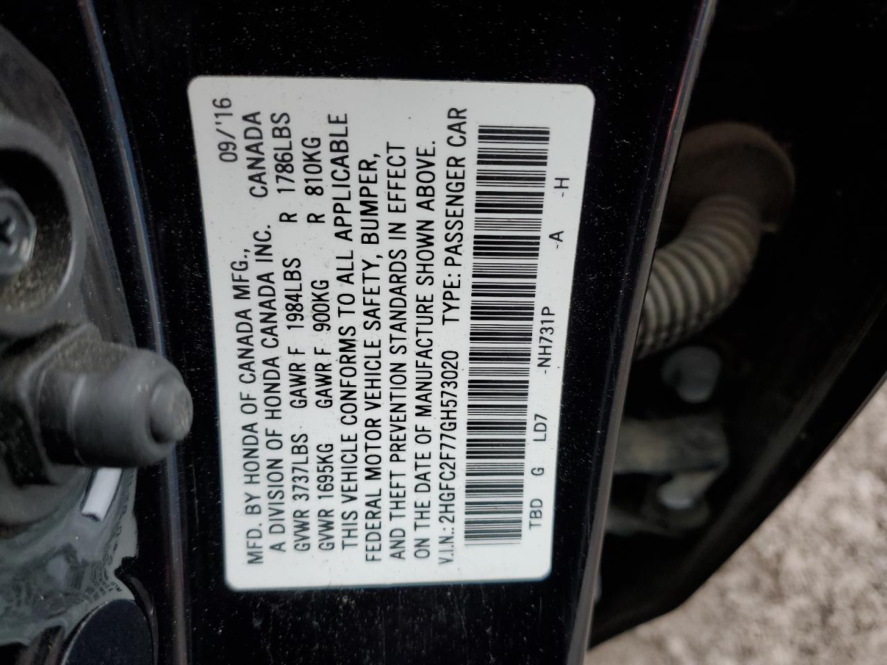 2HGFC2F77GH573020 HONDA CIVIC 2016