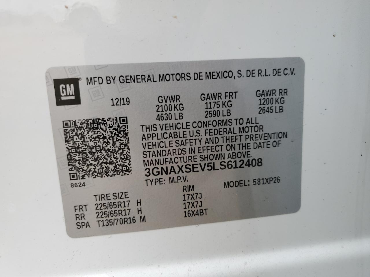 3GNAXSEV5LS612408 CHEVROLET EQUINOX 2020