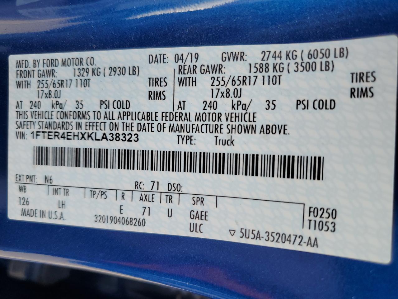1FTER4EHXKLA38323 FORD RANGER 2019