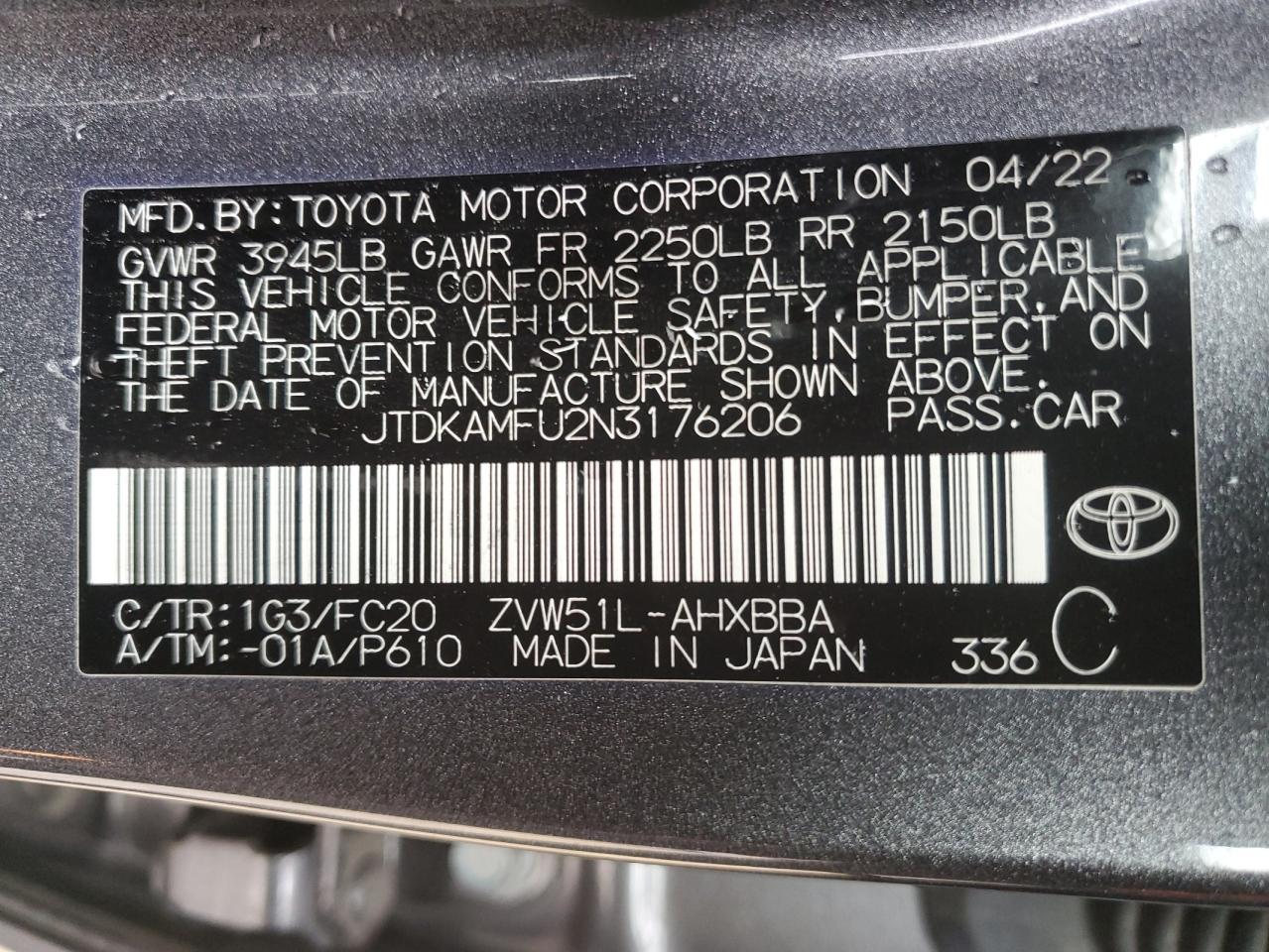JTDKAMFU2N3176206 TOYOTA PRIUS NIGH 2022