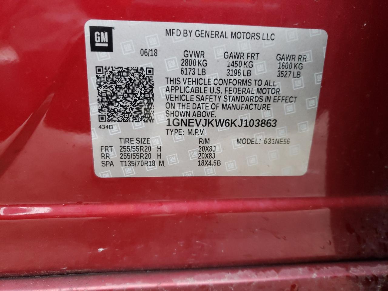 1GNEVJKW6KJ103863 CHEVROLET TRAVERSE 2019