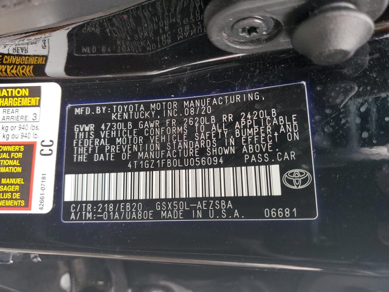 4T1GZ1FB0LU056094 TOYOTA AVALON 2020