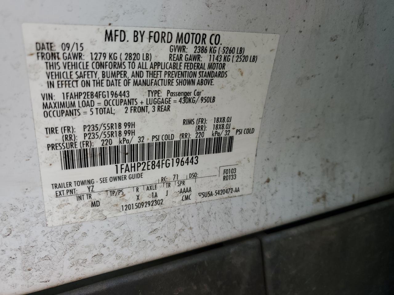 1fahp2e84fg196443 1FAHP2E84FG196443 2015 Ford Taurus Sel