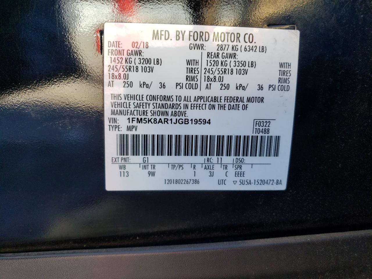 1FM5K8AR1JGB19594 FORD EXPLORER 2018