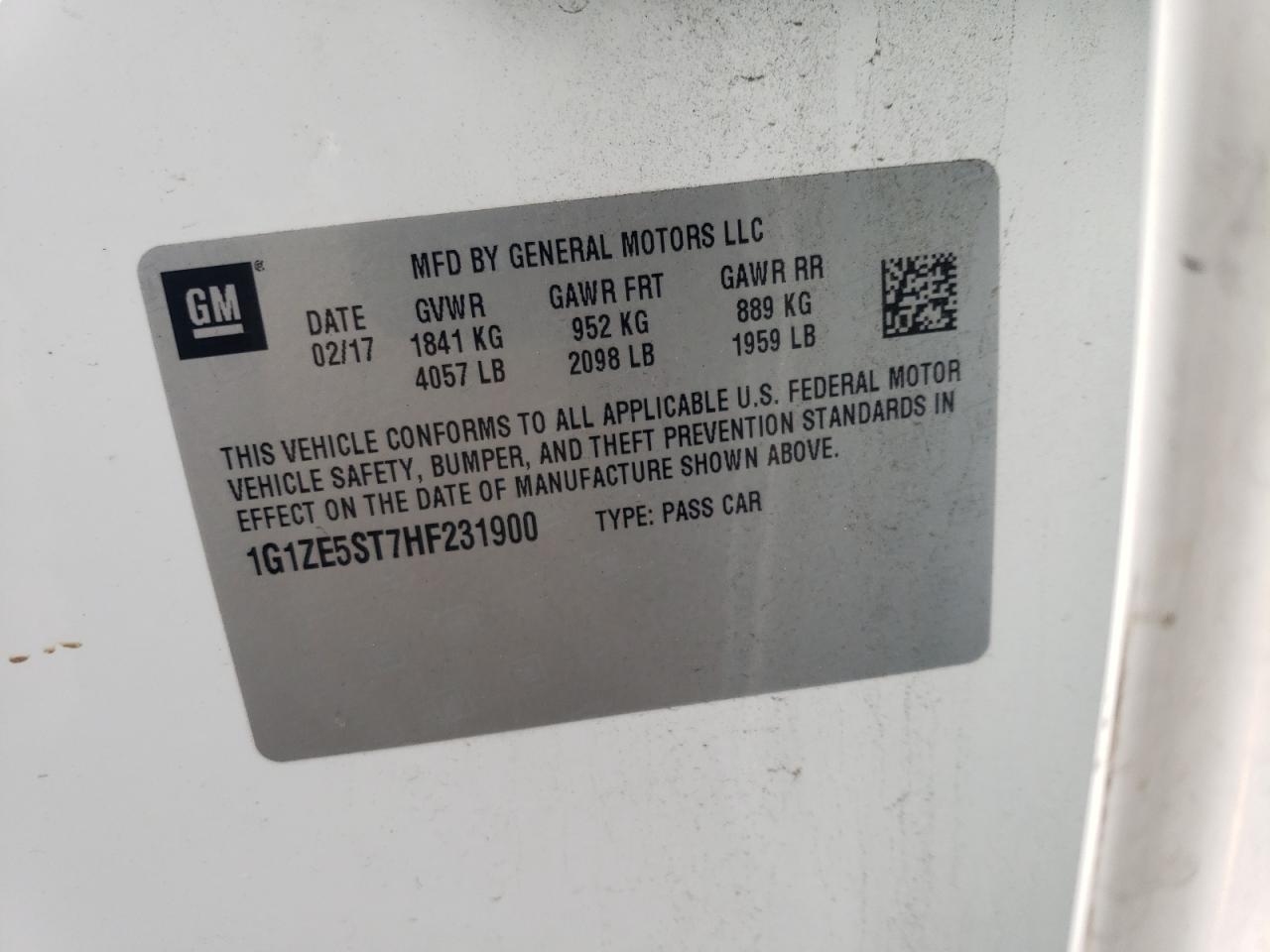 1G1ZE5ST7HF231900 CHEVROLET MALIBU 2017
