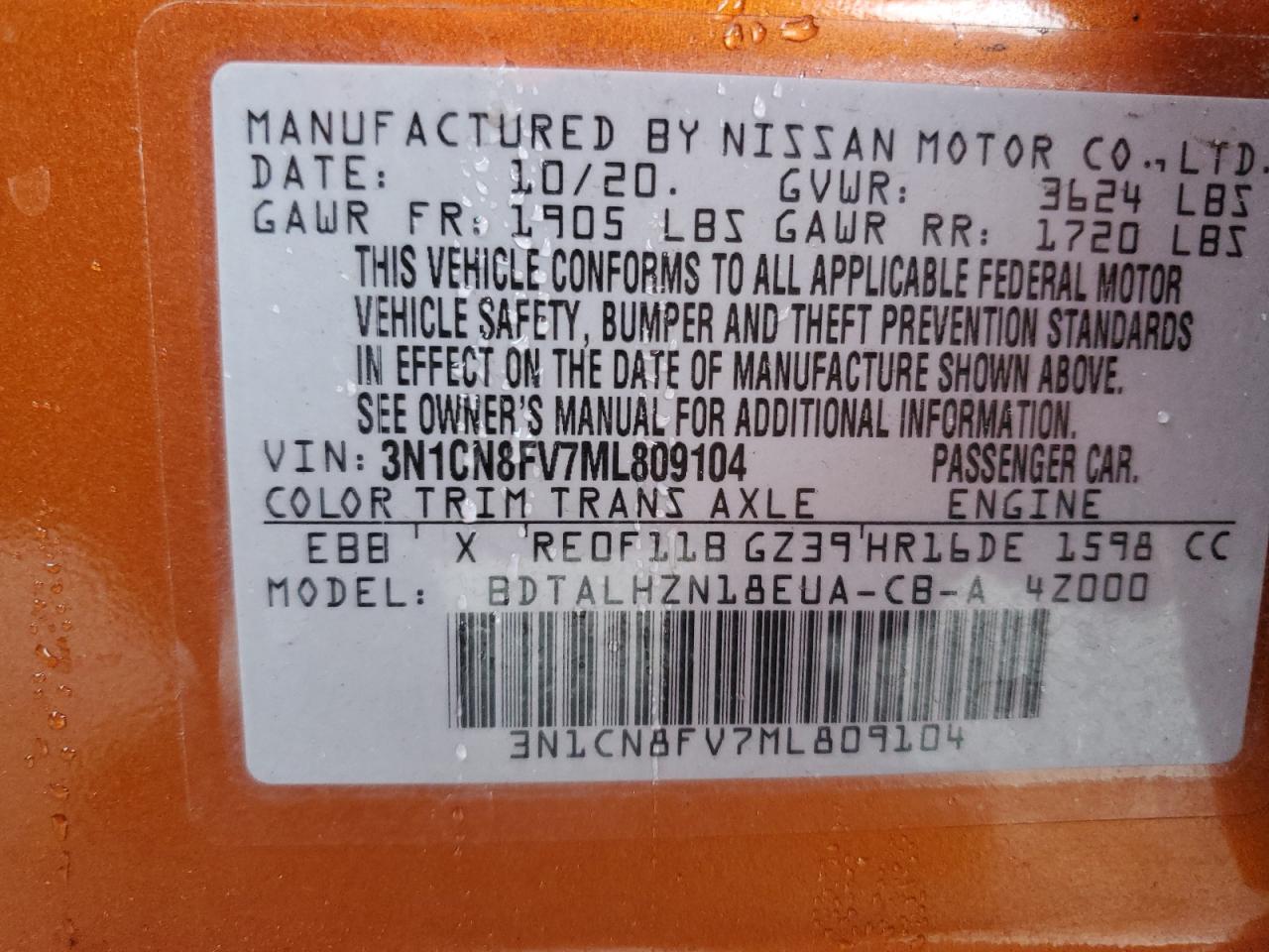 3N1CN8FV7ML809104 NISSAN VERSA 2021