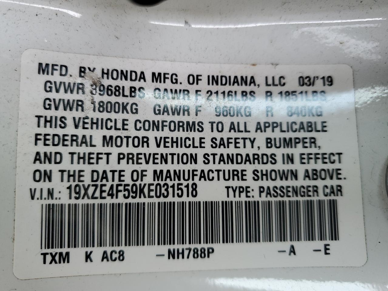 19XZE4F59KE031518 HONDA INSIGHT 2019