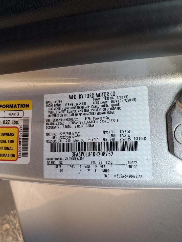 3FA6P0LU4KR208752 FORD FUSION 2019