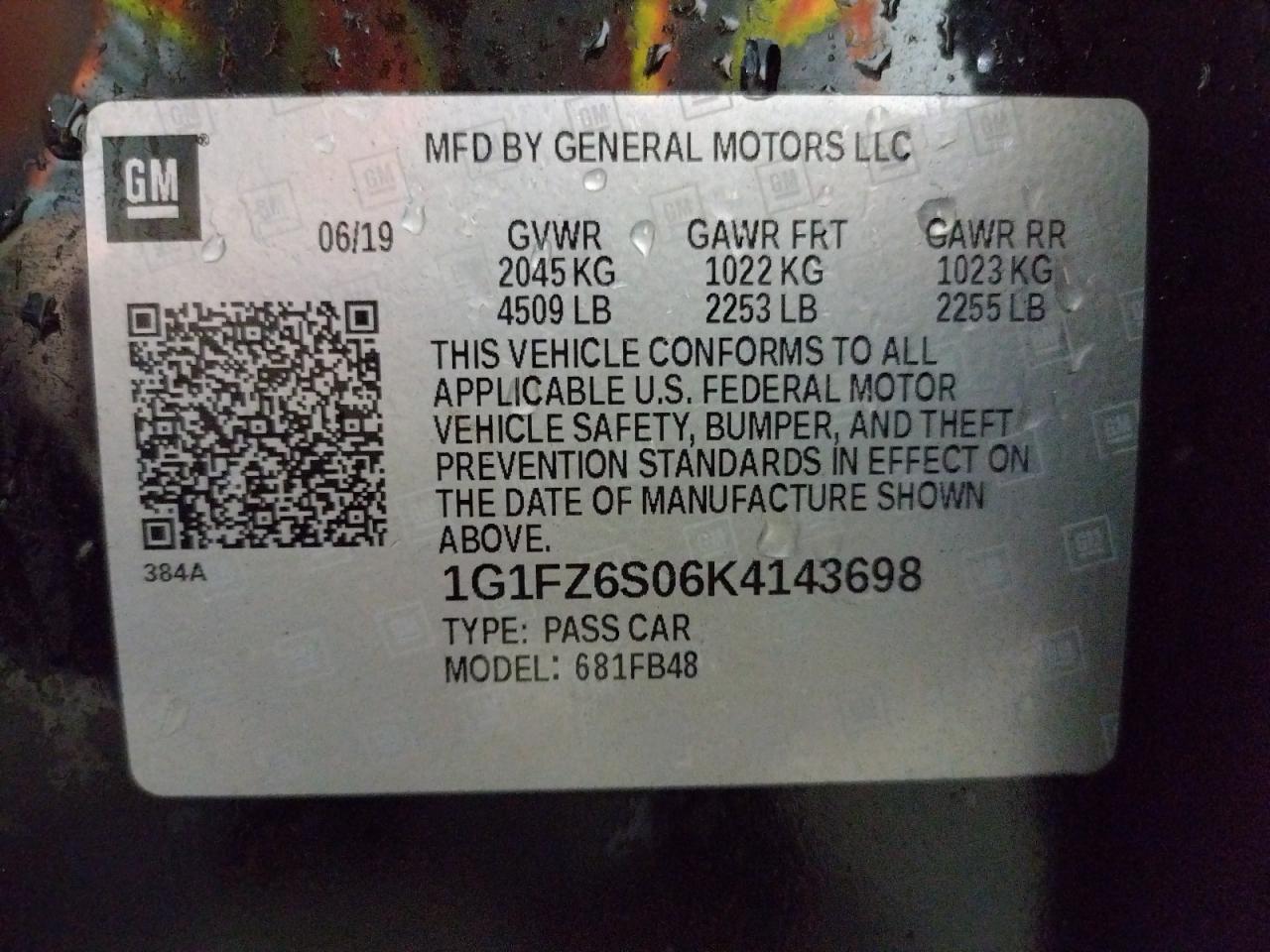 1G1FZ6S06K4143698 CHEVROLET BOLT 2019