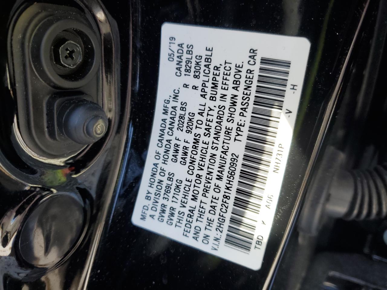 2HGFC2F81KH560992 HONDA CIVIC 2019