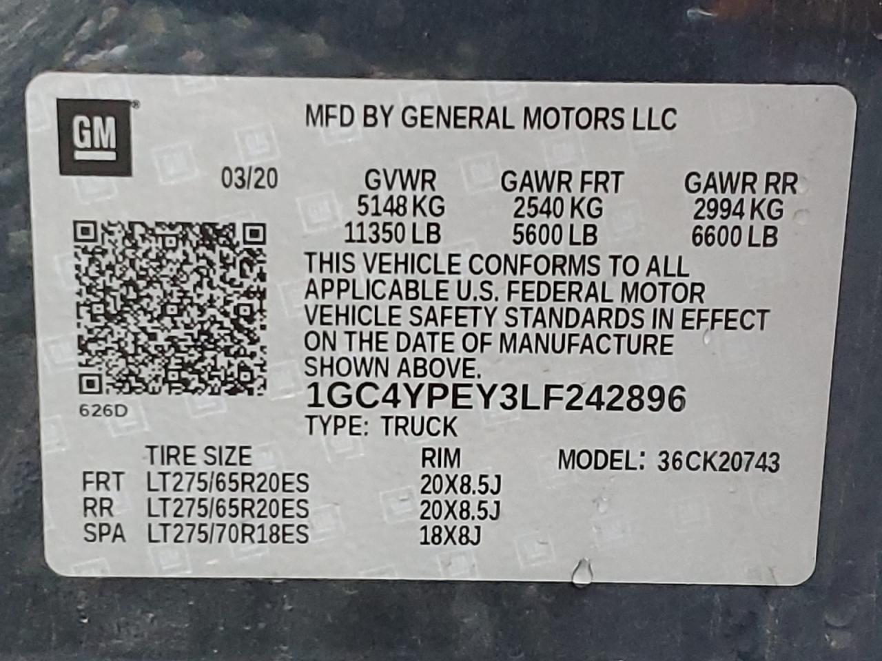 1GC4YPEY3LF242896 CHEVROLET ALL Models 2020