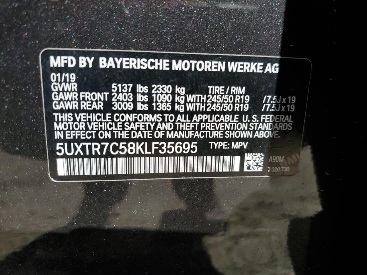 5UXTR7C58KLF35695 2019 BMW X3 Sdrive30I