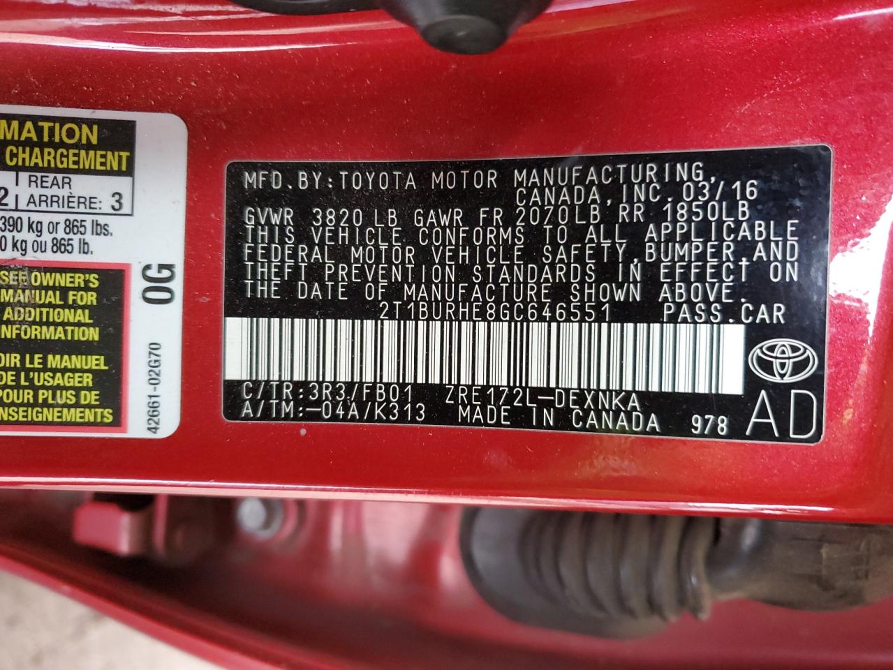 2T1BURHE8GC646551 TOYOTA COROLLA 2016