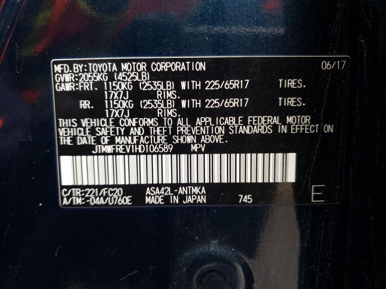 JTMWFREV1HD106589 TOYOTA RAV4 2017