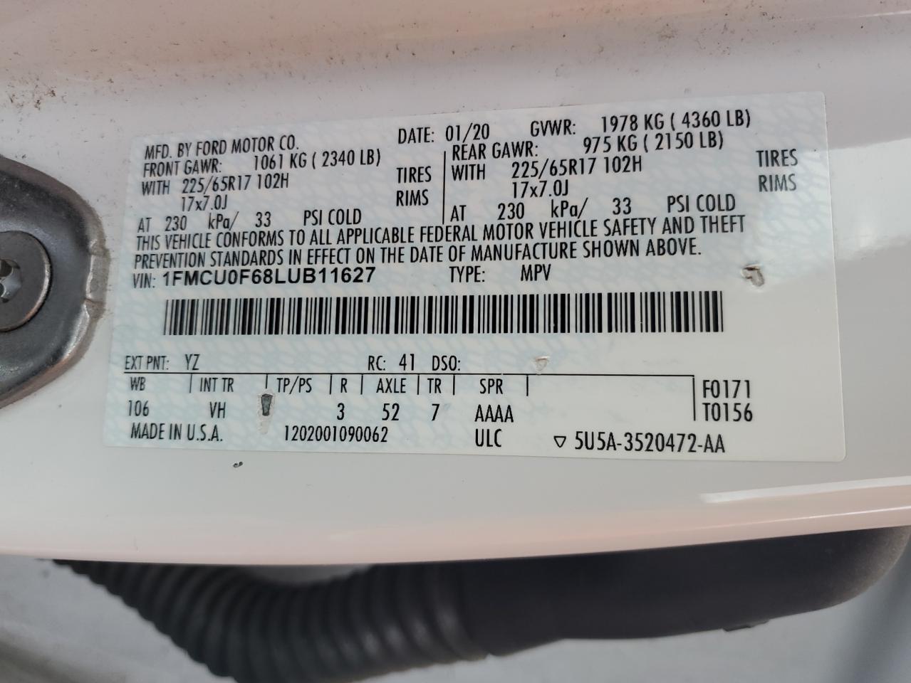 1FMCU0F68LUB11627 FORD ESCAPE 2020