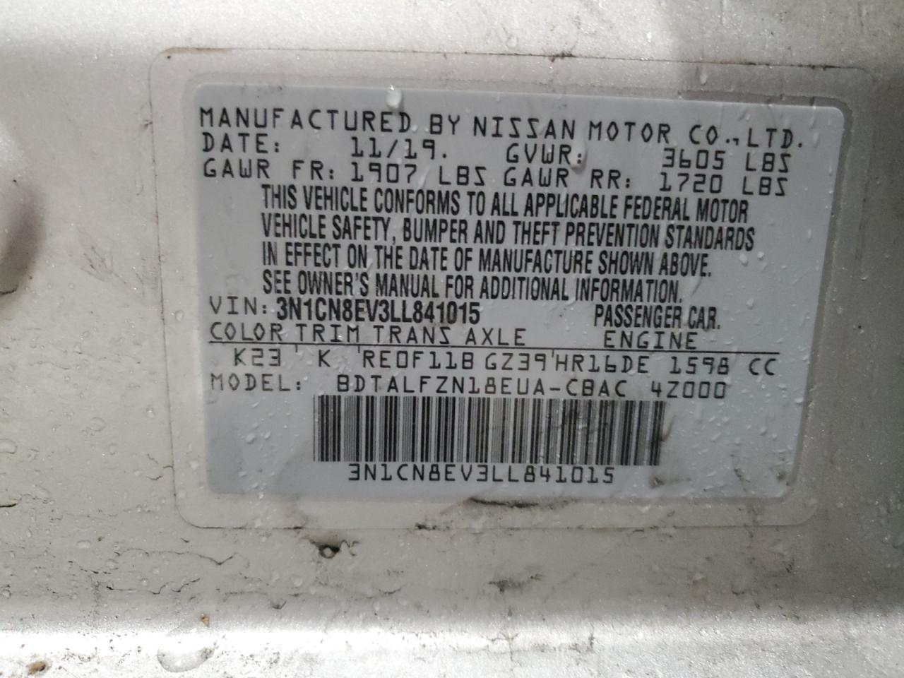 3N1CN8EV3LL841015 NISSAN VERSA 2020