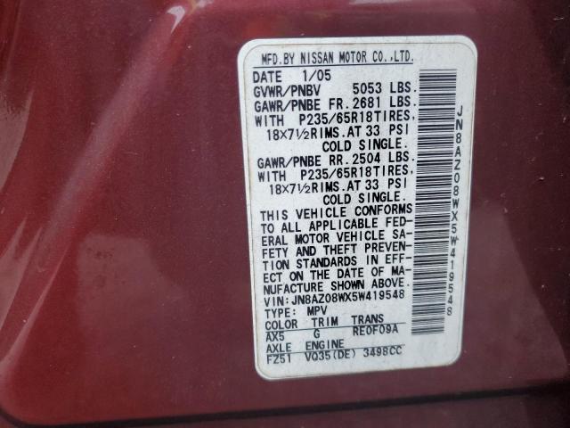 JN8AZ08WX5W419548 2005 Nissan Murano Sl