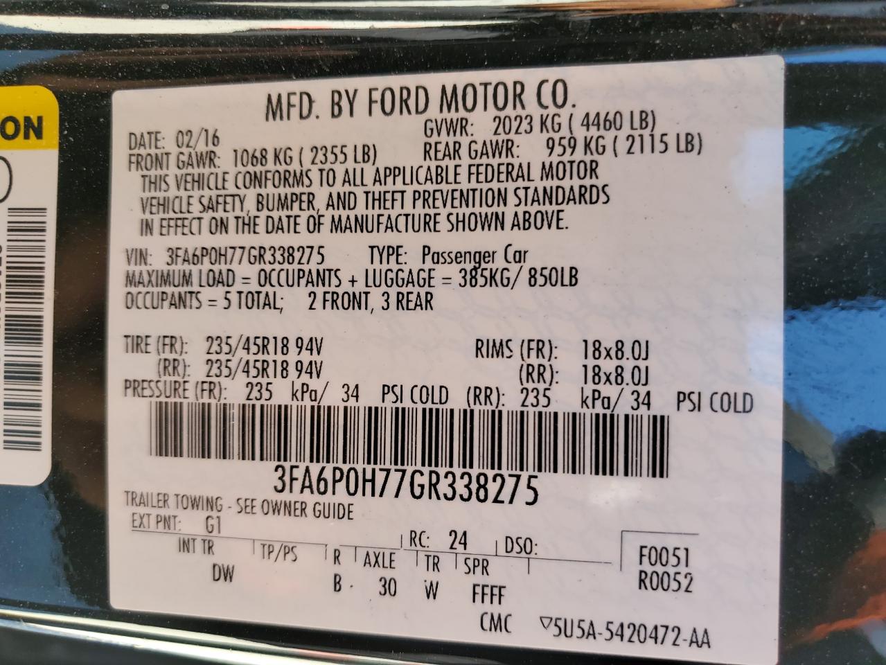 3FA6P0H77GR338275 FORD FUSION 2016