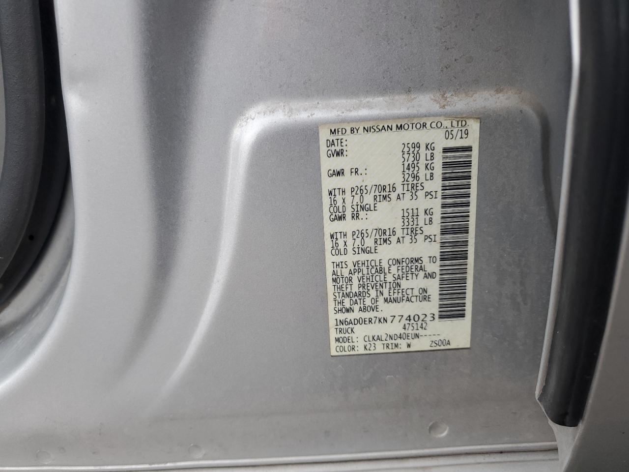 1N6AD0ER7KN774023 NISSAN FRONTIER 2019