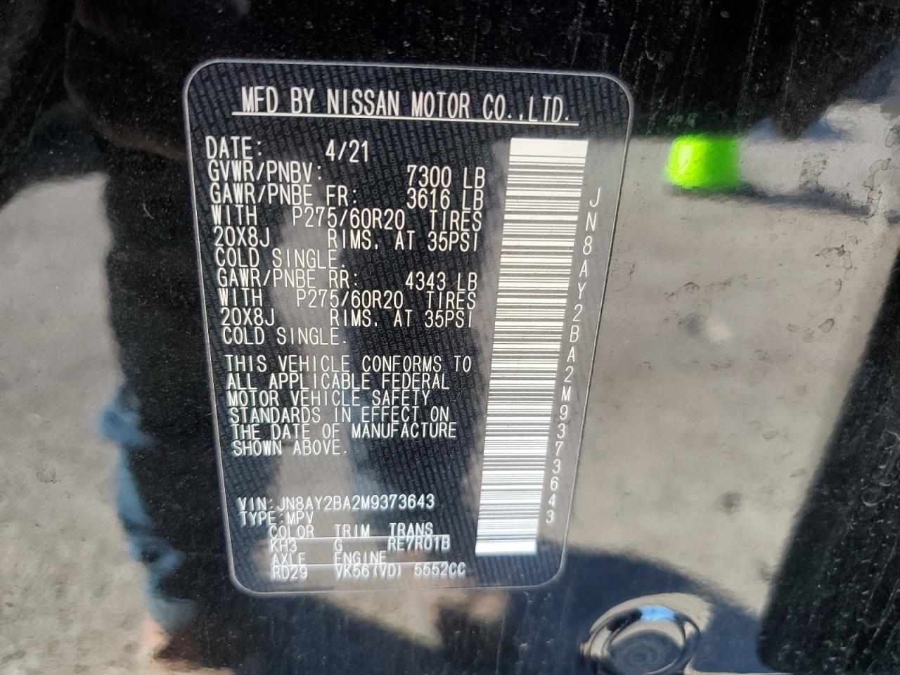 JN8AY2BA2M9373643 NISSAN ARMADA 2021
