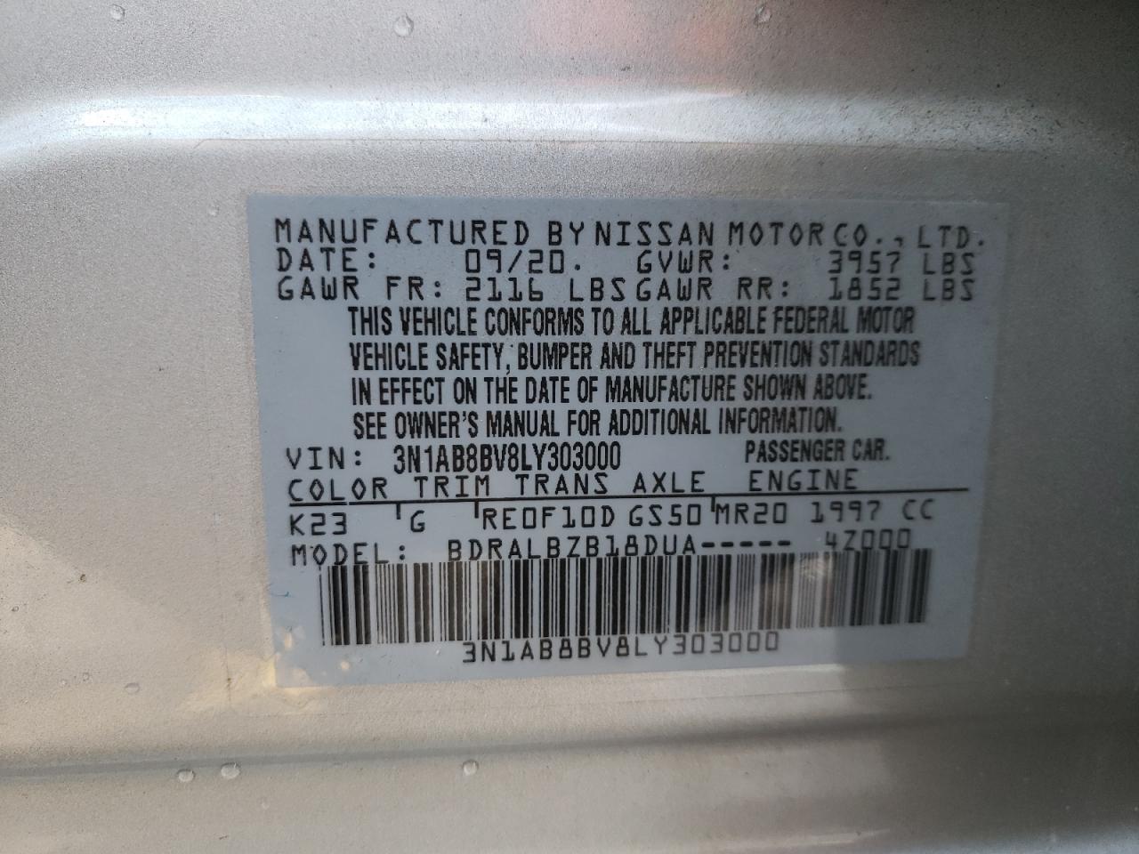 3N1AB8BV8LY303000 NISSAN SENTRA 2020