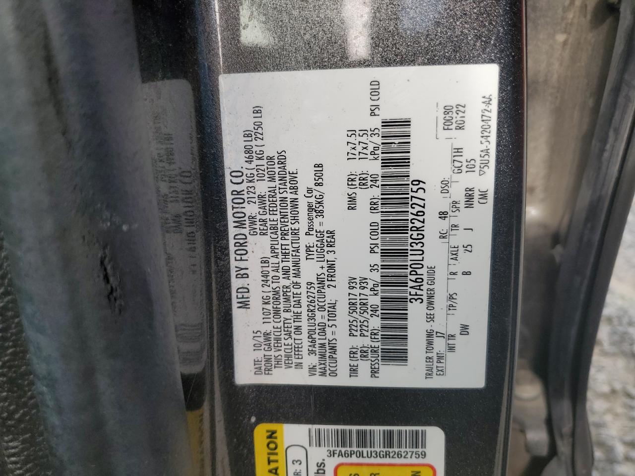 3FA6P0LU3GR262759 FORD FUSION 2016