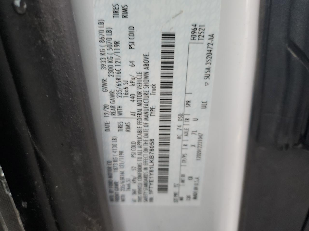 1FTYE1Y81LKB78058 FORD TRANSIT 2020