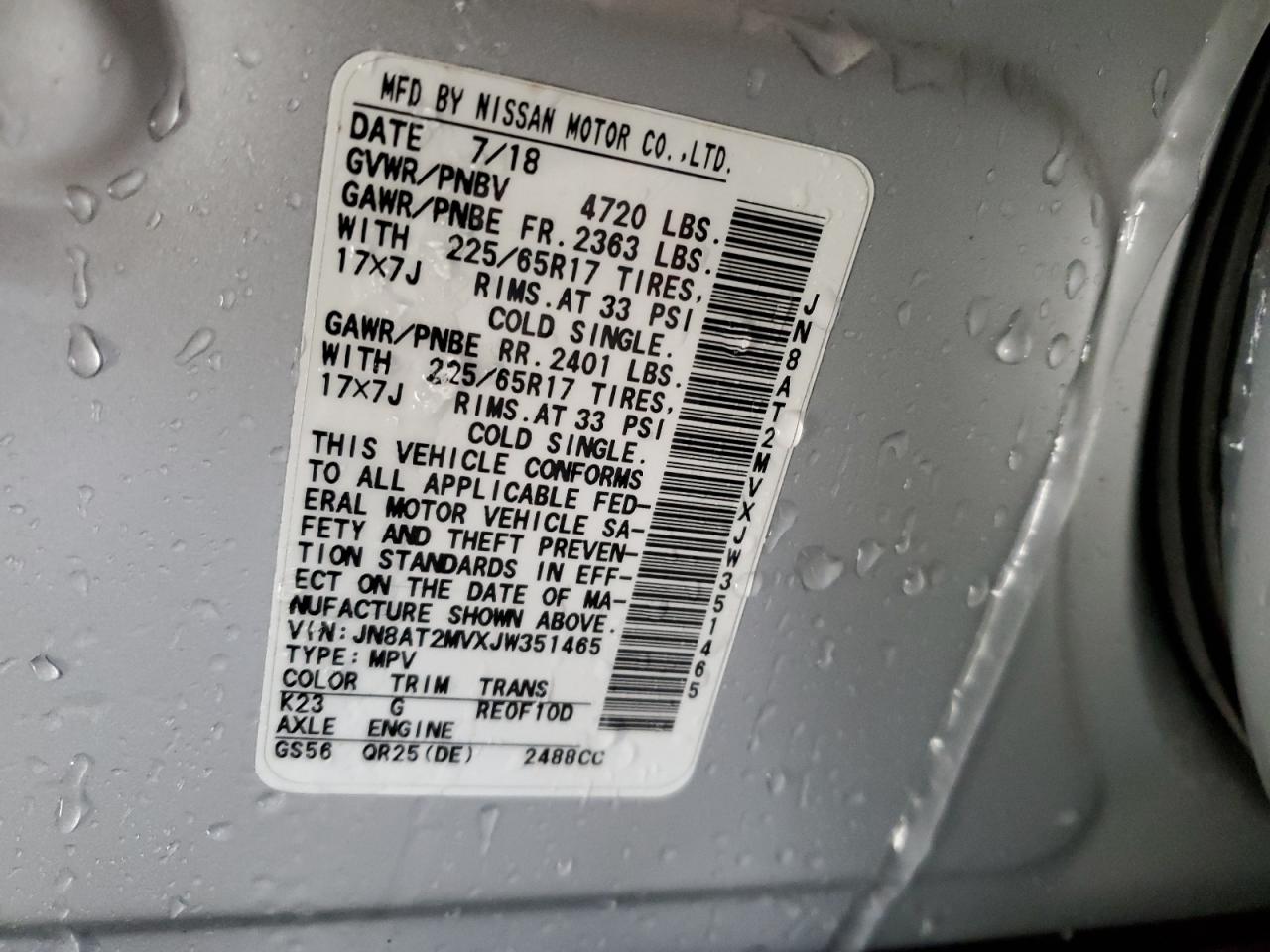 JN8AT2MVXJW351465 NISSAN ROGUE 2018