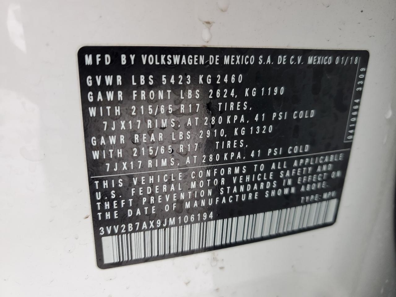 3VV2B7AX9JM106194 VOLKSWAGEN TIGUAN 2018