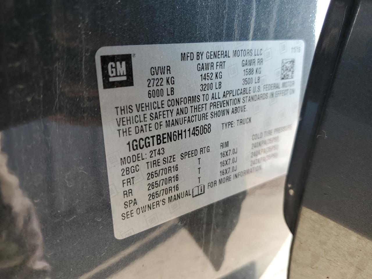 1GCGTBEN6H1145068 CHEVROLET COLORADO 2017