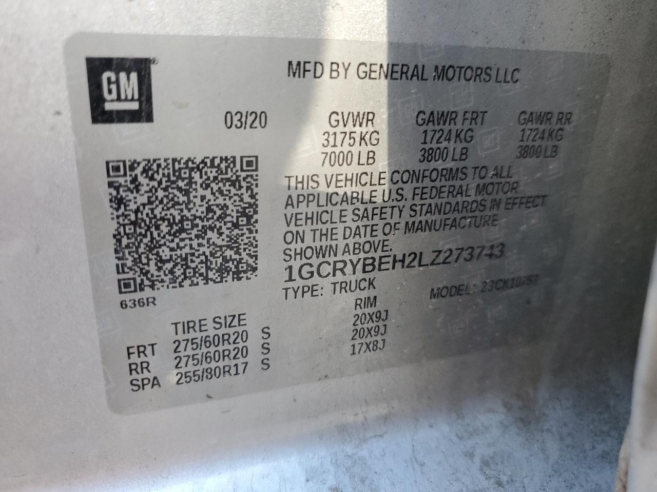 1GCRYBEH2LZ273743 CHEVROLET ALL Models 2020