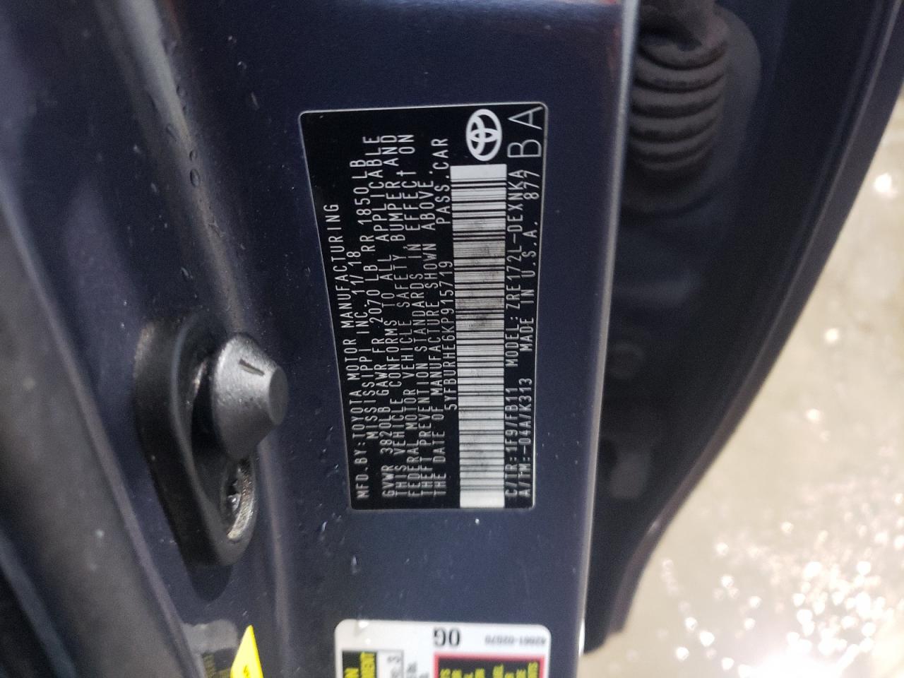 5YFBURHE6KP915719 TOYOTA COROLLA 2019