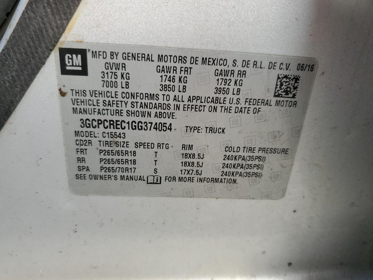3GCPCREC1GG374054 CHEVROLET ALL Models 2016