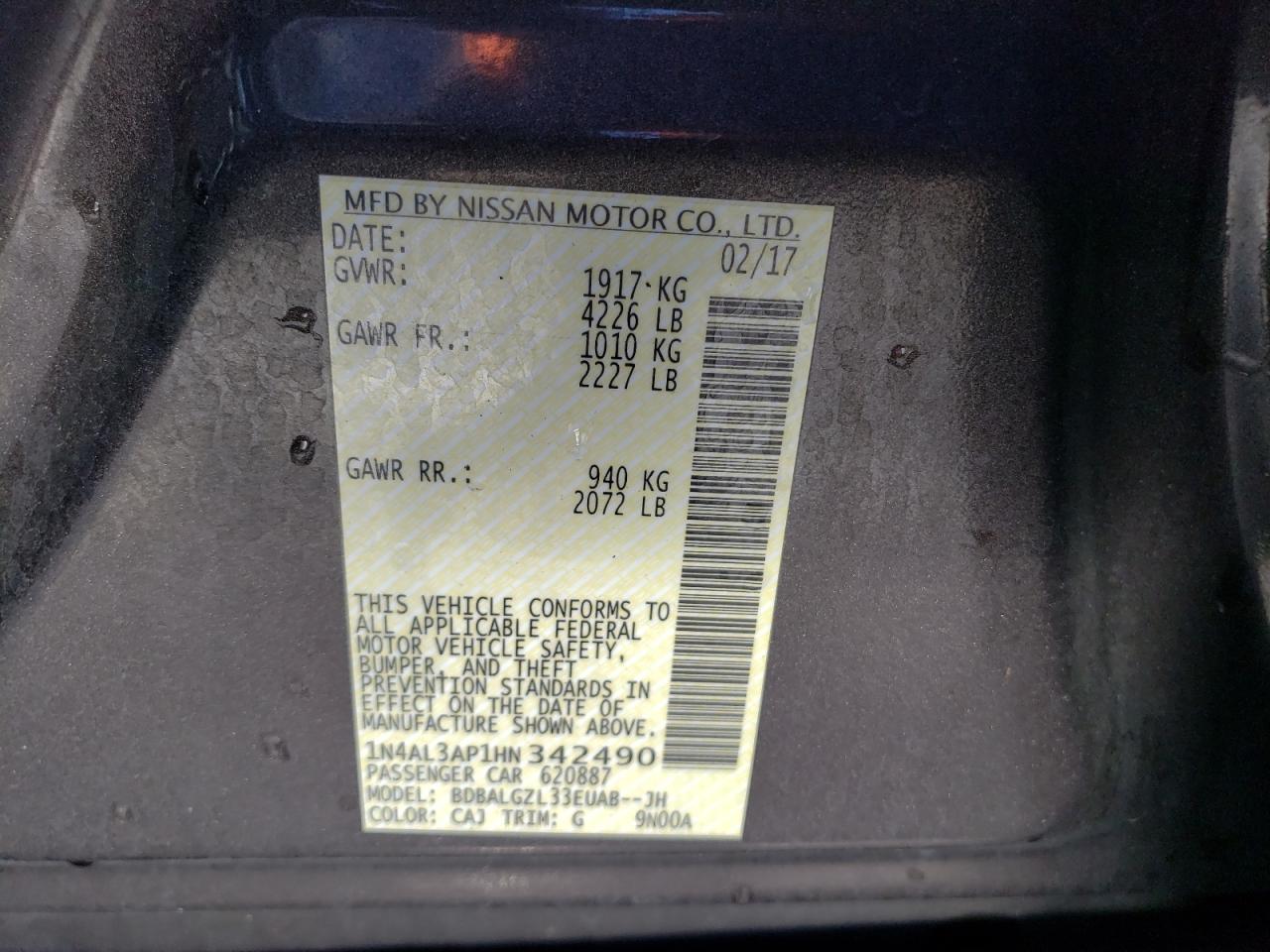 1N4AL3AP1HN342490 NISSAN ALTIMA 2017