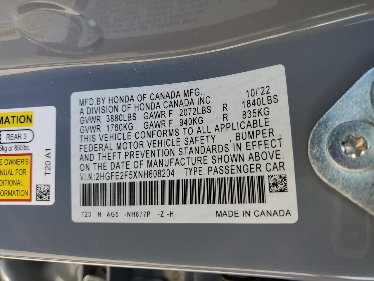 2HGFE2F5XNH608204 HONDA CIVIC 2022