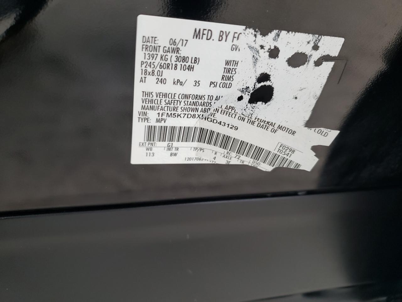 1FM5K7D8XHGD43129 FORD EXPLORER 2017