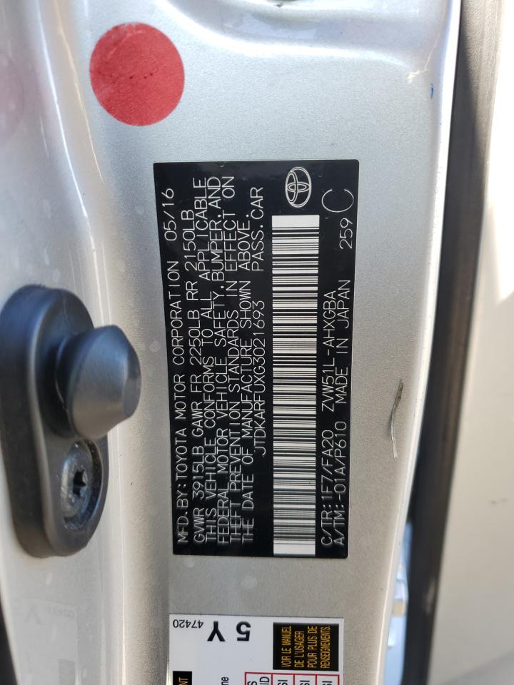 JTDKARFUXG3021693 TOYOTA PRIUS 2016