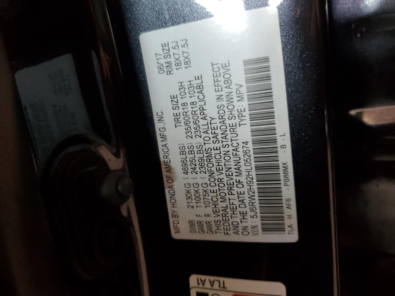 5J6RW2H92HL052674 HONDA CRV 2017