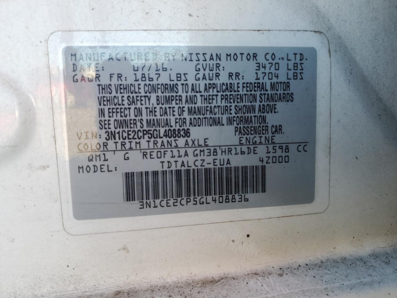 3N1CE2CP5GL408836 NISSAN VERSA 2016