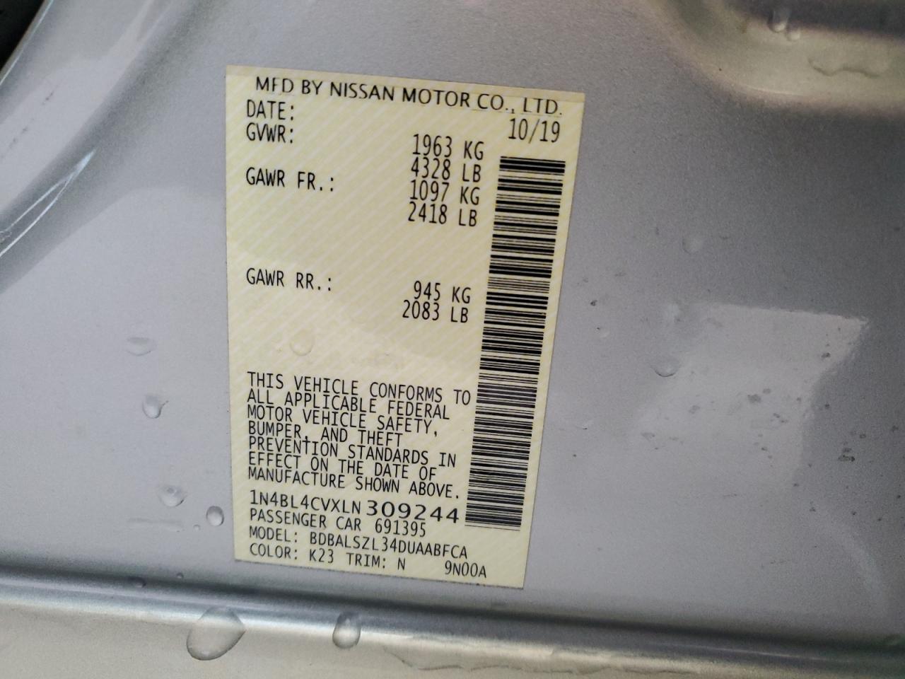 1N4BL4CVXLN309244 NISSAN ALTIMA 2020
