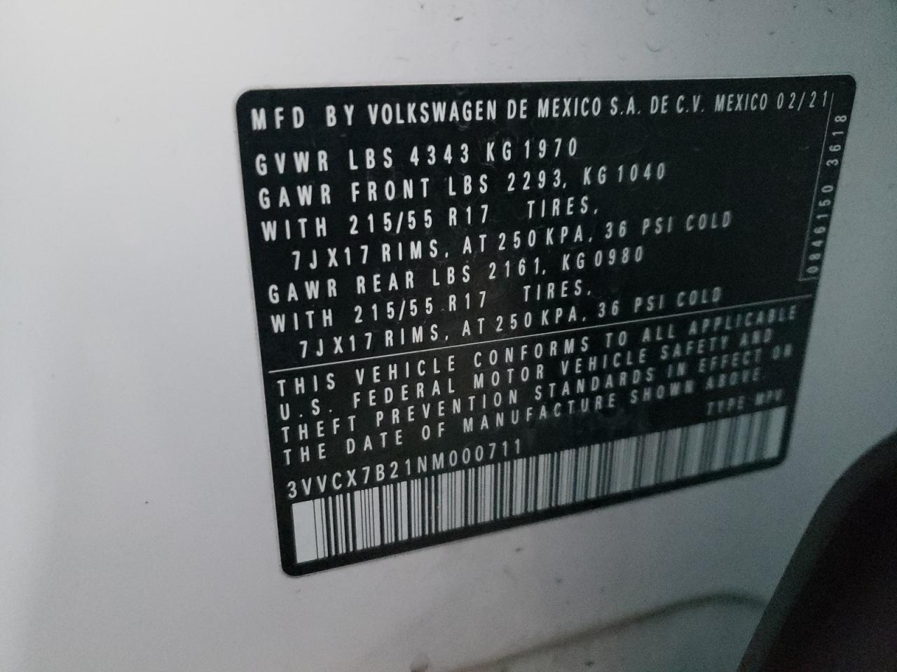 3vvcx7b21nm000711 3VVCX7B21NM000711 2022 Volkswagen Taos S