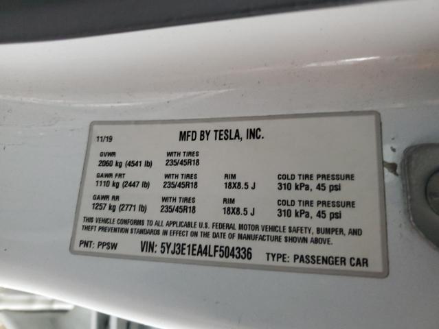 5YJ3E1EA4LF504336 | 2020 TESLA MODEL 3