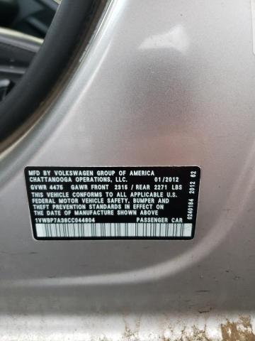 2012 Volkswagen Passat Se VIN: 1VWBP7A38CC044804 Lot: 82939303
