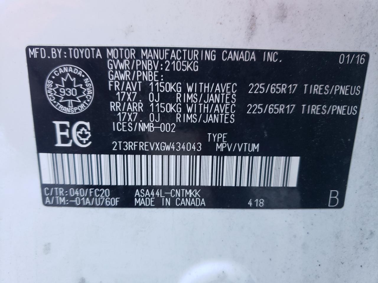 2T3RFREVXGW434043 TOYOTA RAV4 2016
